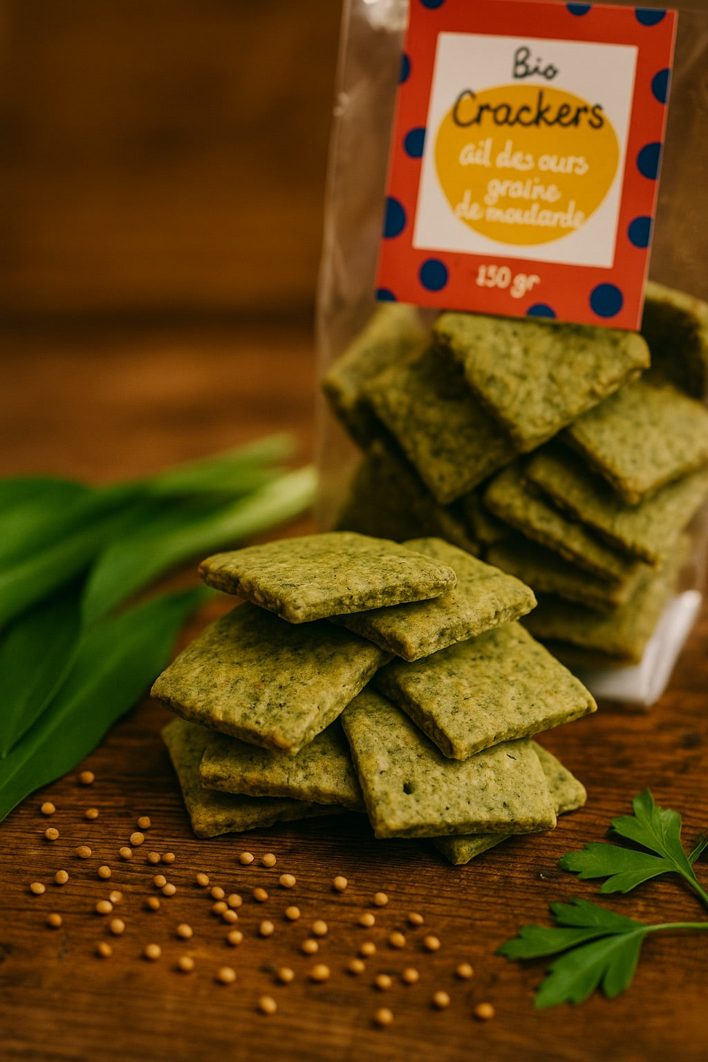 Crackers apéritifs ail des ours et graines de moutarde bio Petites Manies